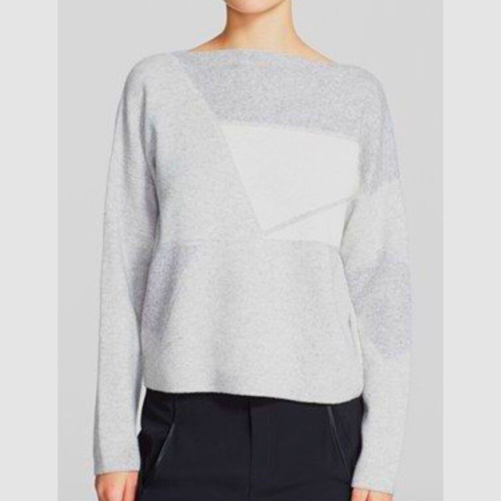Vince Wool Cashmere Abstract Jacquard Boatneck Sweater Grey Cream S - Picture 2 of 7